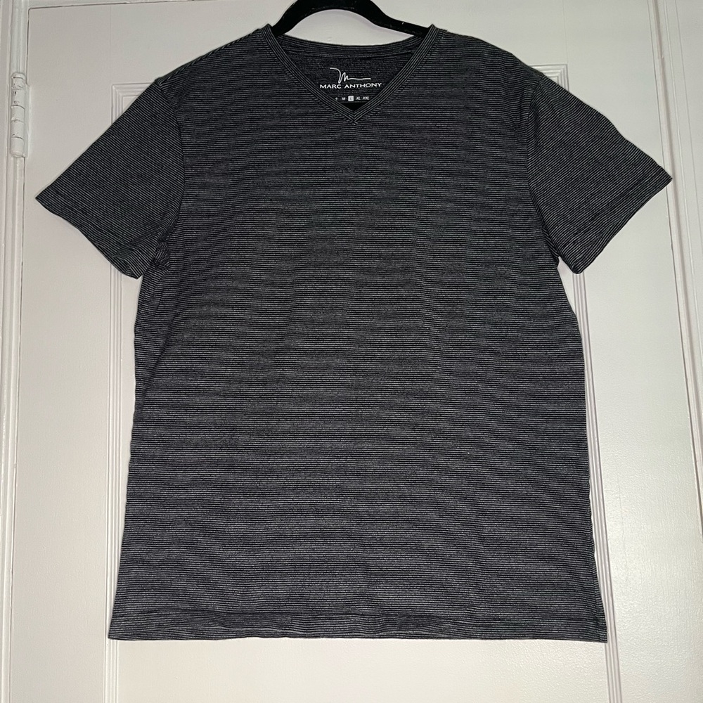 Marc Anthony Charcoal Striped V-Neck Short Sleeve Tee Men's Large